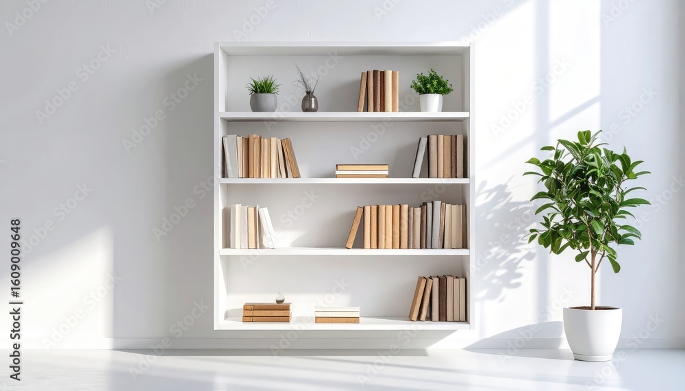 Fototapeta premium White Bookshelf with Plants: Minimalist Home Decor