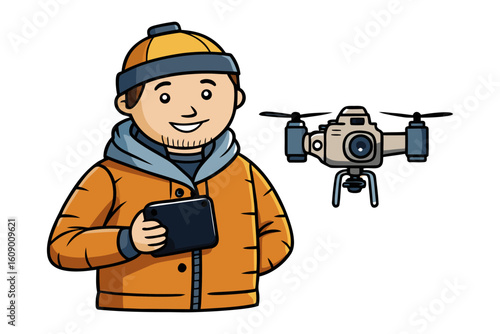 Man in winter clothing holding a tablet next to a flying drone with a camera