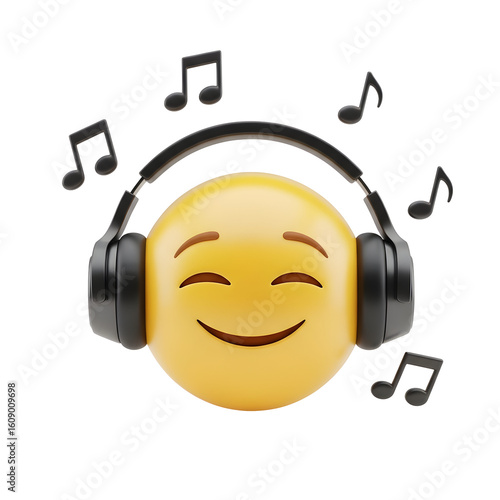Joyful yellow emoji wearing headphones and listening to music with beaming smile and musical notes floating around