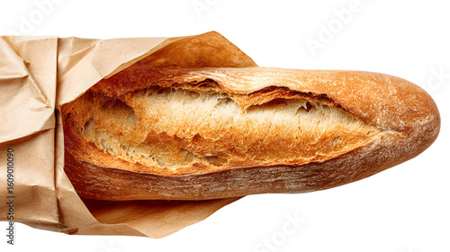 Freshly baked baguette wrapped in brown paper, showcasing its golden crust and soft interior