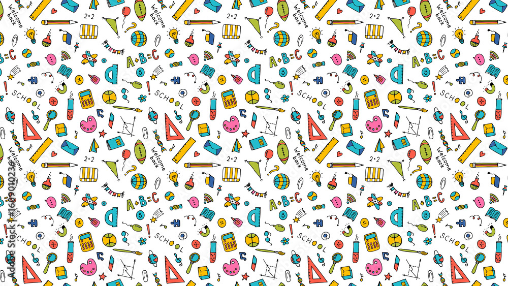 Obraz premium Colorful seamless pattern featuring school supplies and educational elements scattered on white