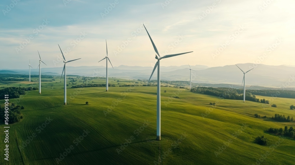 Fototapeta premium Environmentally safe power from modern wind turbines, aerial view