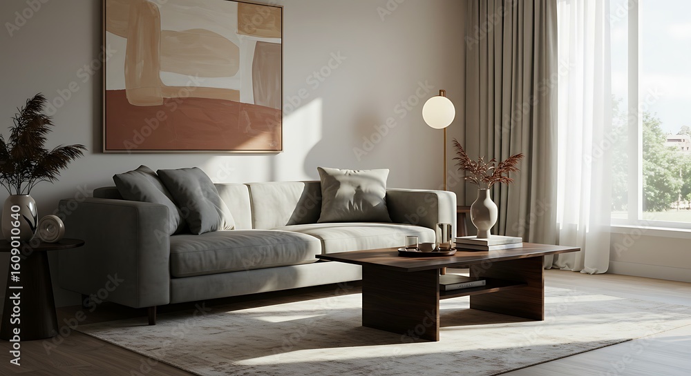Fototapeta premium Stylish interior of living room with soft sofa and coffee table - Elegant Modern Architecture