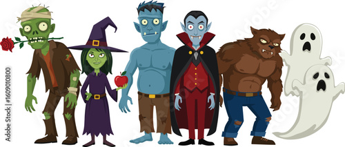 Collection of Classic Halloween Cartoon Monsters: Zombie, Witch, Frankenstein, Vampire, Werewolf, and Ghosts, Perfect for Spooky Party Invitations and Decorations
