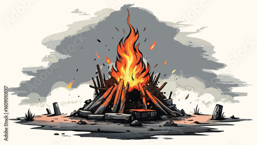 Burning urban city skyline at sunset with a grunge fire and building silhouettes
