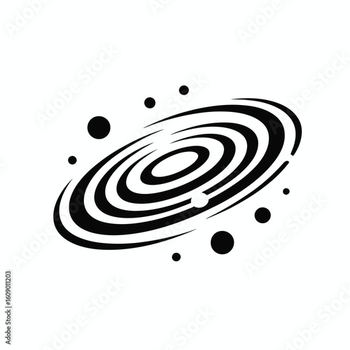 Stylized Black and White Galaxy Illustration with Planets and Orbit