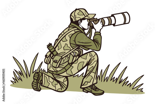 Camouflaged photographer crouching low in tall grass capturing wildlife with a large telephoto lens