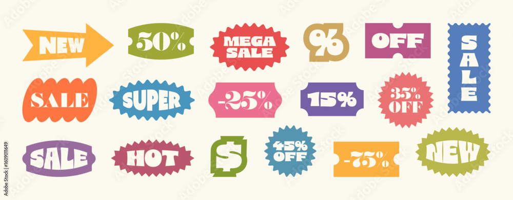 Obraz premium Collection of colourful promotional stickers with playful text. Retail ribbon badges and label for sale, promotion, marketing and branding. Perfect for commerce, advertising, and sale announcements