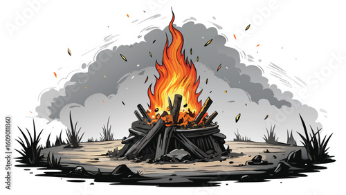 Abstract inferno of orange and yellow flames burning brightly against a dark background, a vector illustration of fiery danger and warm energy