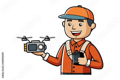 Smiling male drone operator in orange uniform holding a small quadcopter and a camera ready for aerial photography and videography tasks