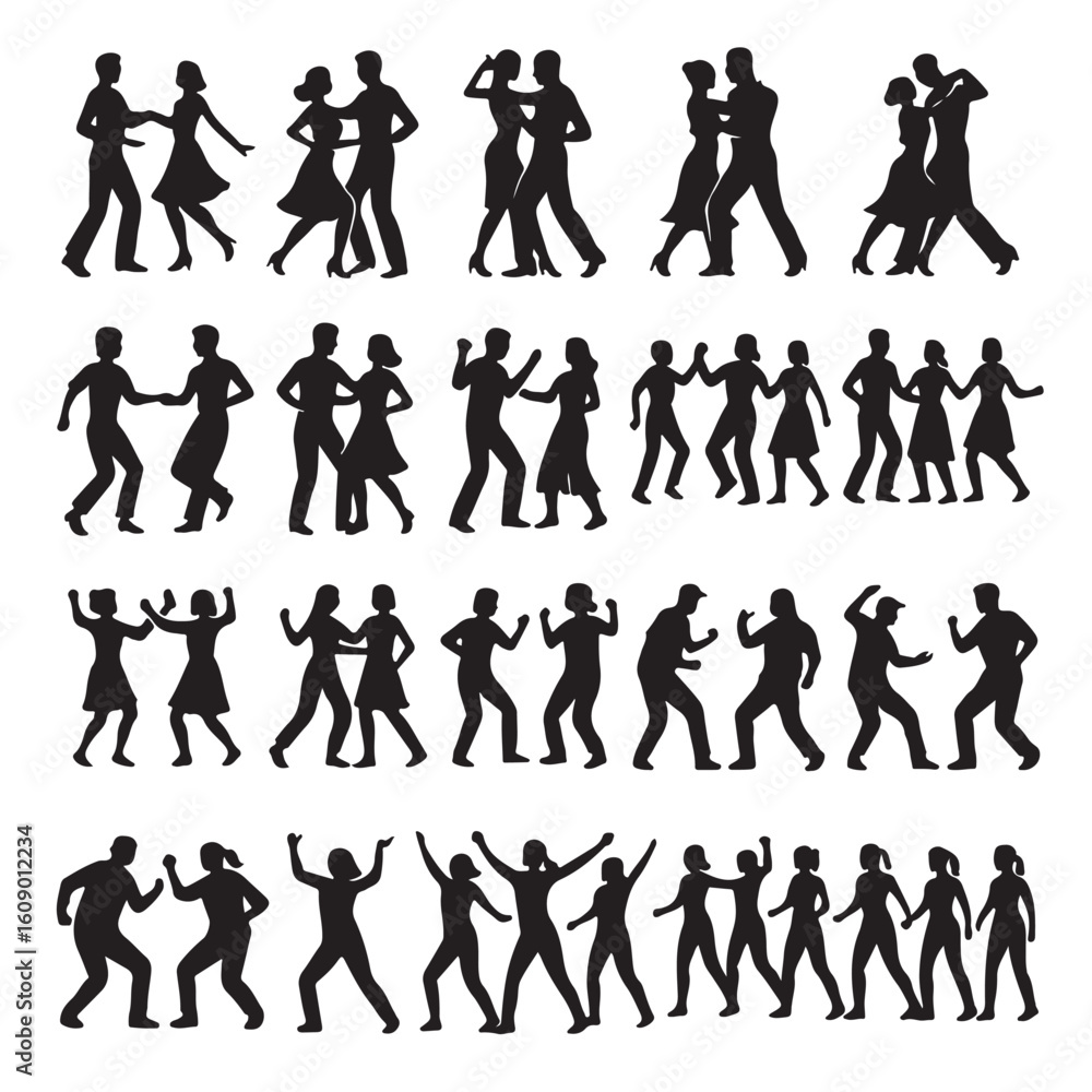 Fototapeta premium Dancing couples and groups silhouettes people