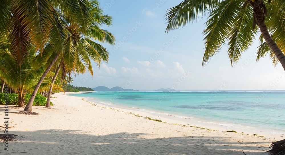 Fototapeta premium panorama of tropical beach with coconut palm trees - Elegant Modern Architecture