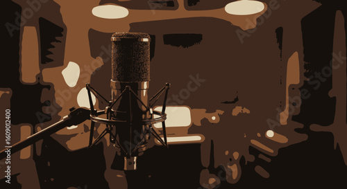 Vintage-Style Studio Microphone with Metal Stand in Sepia Tones.