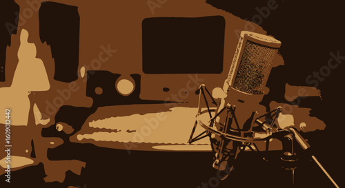 Brown-toned Studio Microphone with Mesh Grille and Stand in Recording Setup.