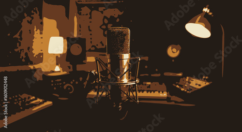 Vintage-Style Studio Microphone with Metal Stand in Warm Tones.
