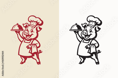 Chef Pig Mascot with Serving Dish, Engraving Vector Illustration

