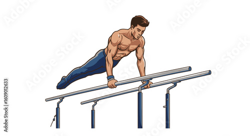 Cartoon gymnast performing on parallel bars with muscular physique and blue wristband.
