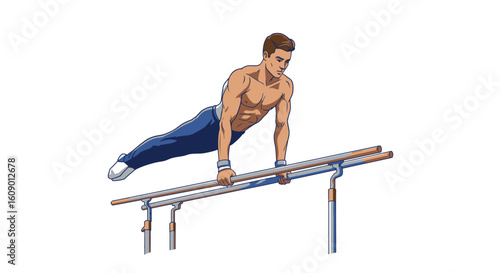 Cartoon Gymnast Performing on Parallel Bars with Blue Pants and White Shoes.