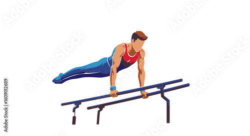 Gymnast Performing on Parallel Bars with Red and Blue Outfit.