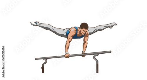 Male Gymnast Performing Split on Parallel Bars Athletic Skill Cartoon Style.