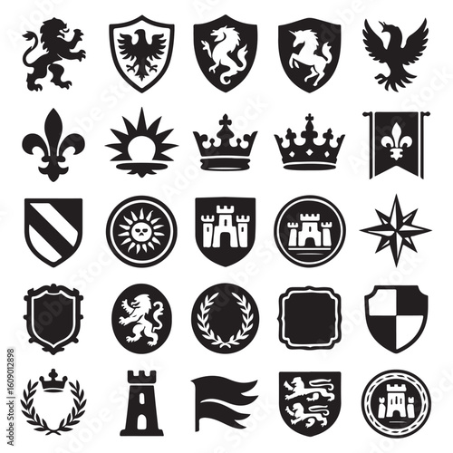 Heraldic symbols crests shields banners crowns lions eagles dragons unicorns vector