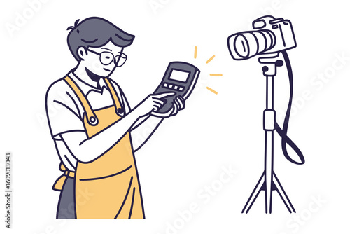 Creative professional demonstrating device operation for online video content creation with camera setup