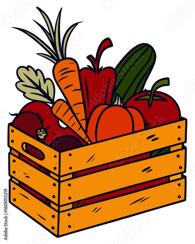Farm fresh organic vegetables in wooden crate, flat vector illustration on white background