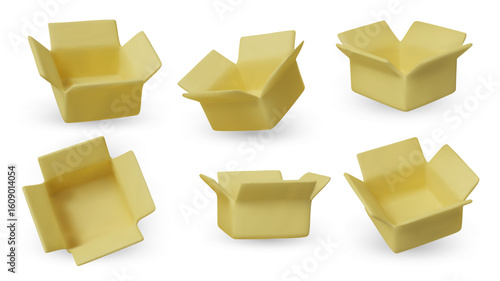 Collection of isometric open boxes on white background. Ideal for delivery, shipping, packaging, and online store visuals.