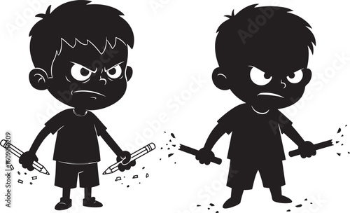 Two angry cartoon boys holding drumsticks silhouette