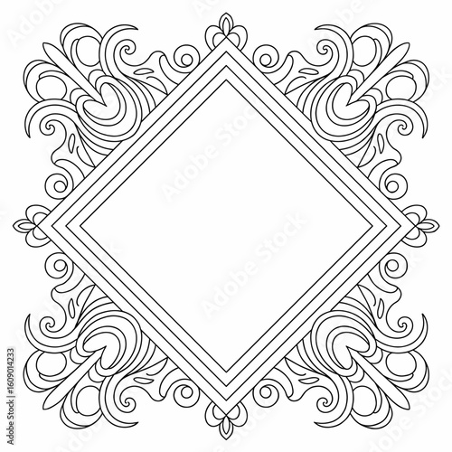 Decorative Square Frame with Swirls  Black and White Illustration


