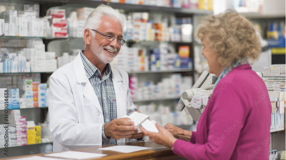 Fototapeta premium A pharmacist handing medication to a senior customer in a clean, well-organized pharmacy.