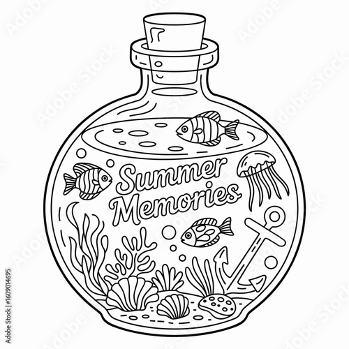 Summer Memories Ocean in a Bottle  Detailed Coloring Page

