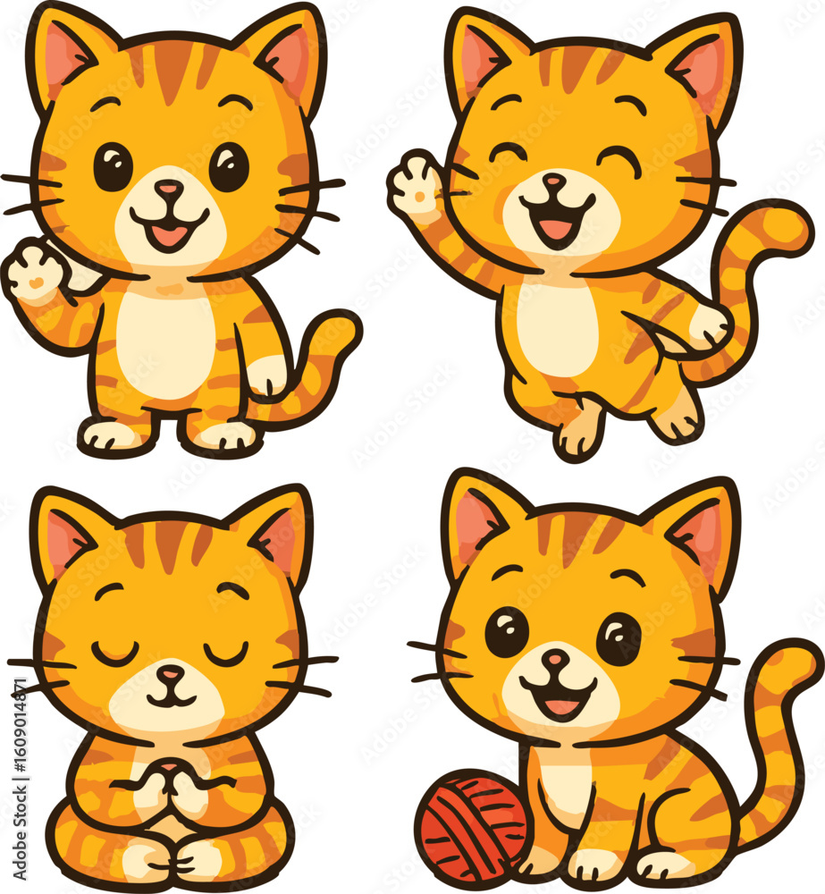 Obraz premium Cute ginger cat cartoon character set. cartoon, vector, set, character, cute, kawaii, pet, animal, illustration