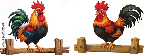 Two roosters crowing on a wooden fence vector.