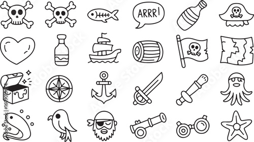 Pirate Adventure Icons Set Vector Illustration in Doodle Style Outline Art