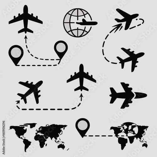 This stylish illustration features a collection of travel and aviation icons, including airplanes, flight paths, and a world map. 