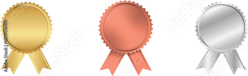 Set of Three Shiny Metallic Medals – Golden, Silver, and Bronze Award Medals – Isolated 3D Mockups for Achievement and Recognition