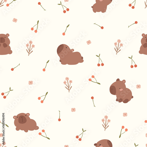 Hand drawn capybara , flowers and cherries, seamless pattern. Vector illustration with cute animals and flowers.