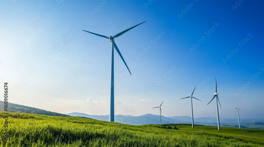 Onshore wind turbine field under clear sky, generating eco electricity Onshore wind turbine field under clear sky, generating eco electricity