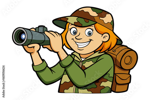 Smiling cartoon girl in camouflage gear holding a camera and wearing a backpack