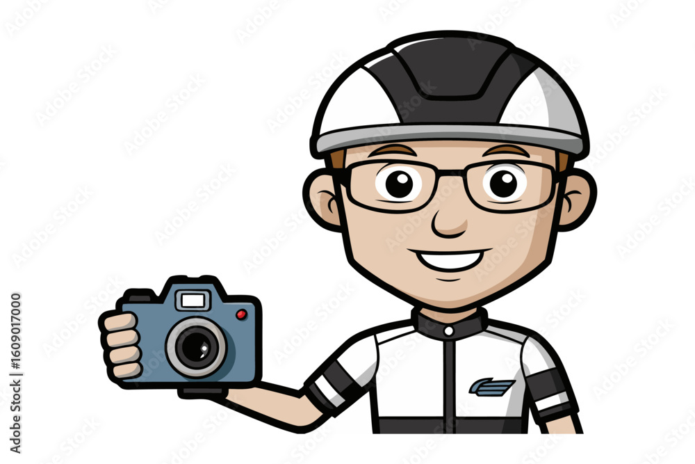 Cartoon cyclist wearing a helmet and glasses holding a digital camera ready to capture the action Cartoon cyclist wearing a helmet and glasses holding a digital camera ready to capture the action