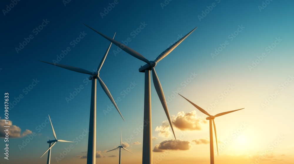 Fototapeta premium Realistic 3D render of wind turbines generating clean electricity