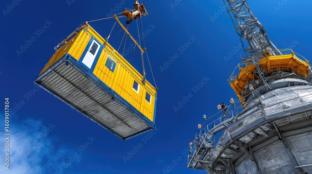 Fototapeta premium Crane Lifts Yellow Shipping Container at Construction Site Against Clear Blue Sky