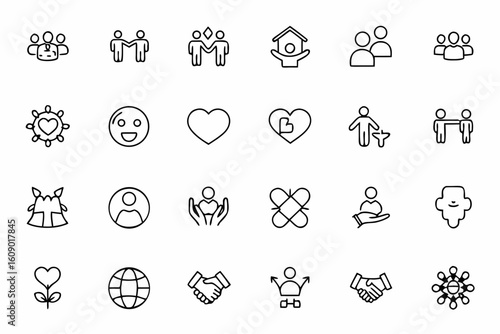 A modern line vector set expressing social bonds and local engagement through minimalist single-line illustrations. Ideal for apps, websites, and inclusive print designs.