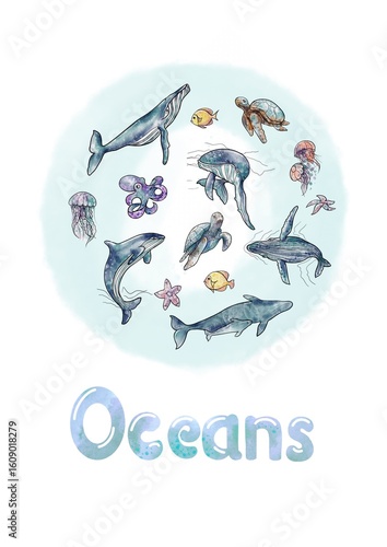 Watercolor postcard International Day of Oceans, Whales and Fish5
