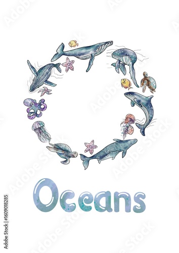 Watercolor postcard International Day of Oceans, Whales and Fish3