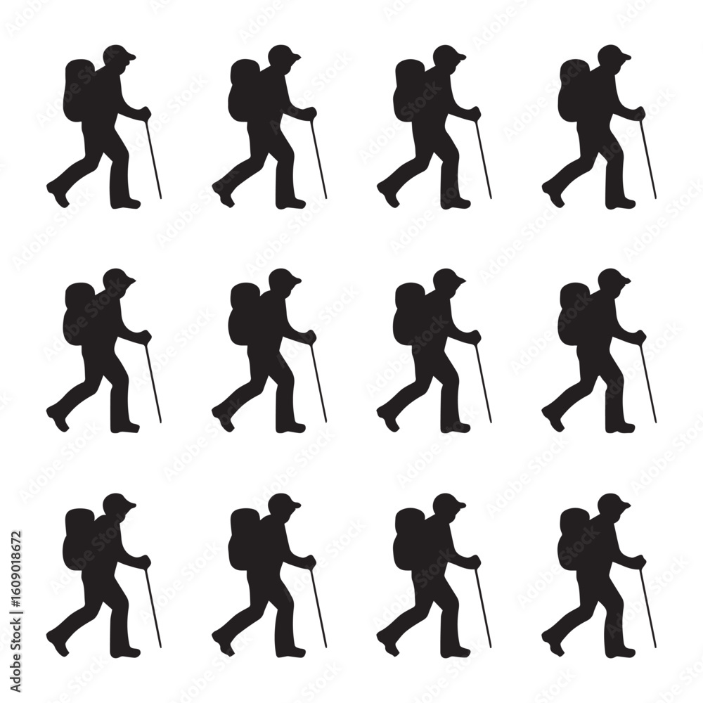 Obraz premium Adventurous hiker silhouettes with backpacks and trekking poles for outdoor exploration campaigns