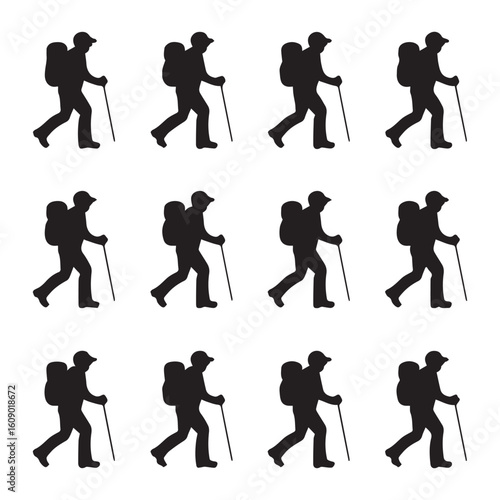 Adventurous hiker silhouettes with backpacks and trekking poles for outdoor exploration campaigns