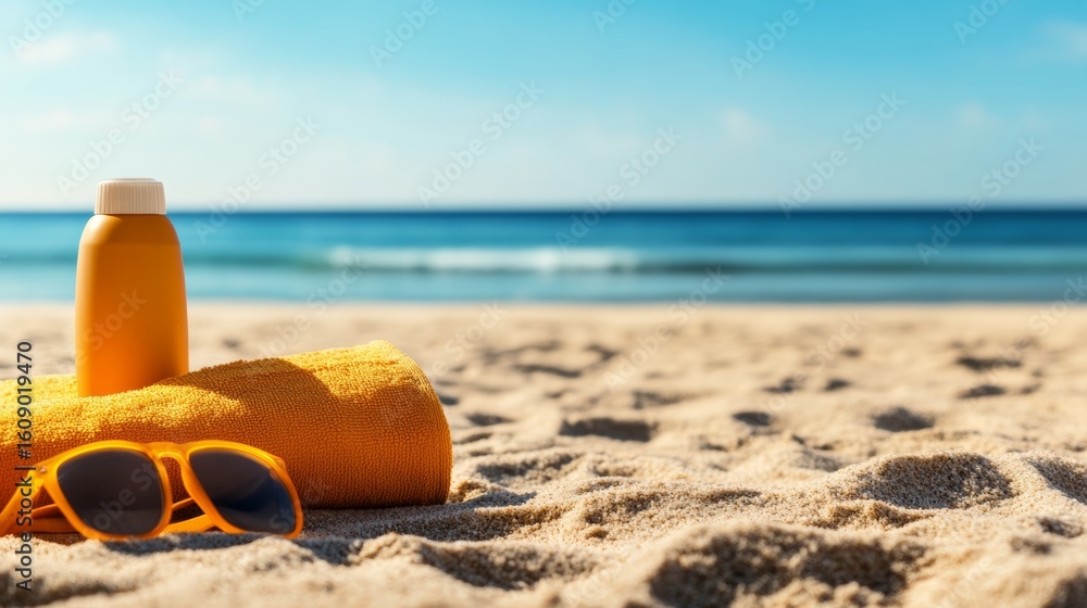 sunny setup with towel, sandals, and sunscreen for beach sunbathing sunny setup with towel, sandals, and sunscreen for beach sunbathing