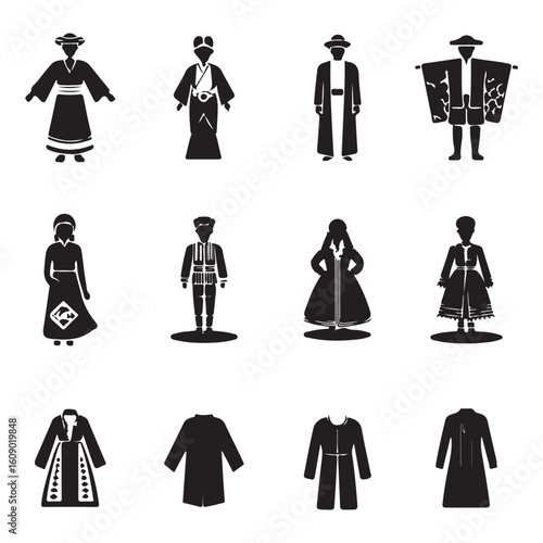 Collection of Traditional National Costumes Silhouettes, a variety of traditional national costumes in silhouette form.